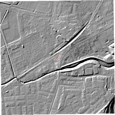 Shaded relief map of the ground around FY85BW, computed from Environment Agency LiDAR. The ground here sits at about 4 m above sea level and falls 11 m across the surrounding 800 m. Surface water reaching this point runs off ground lying to the north-east, 4.1 m higher.