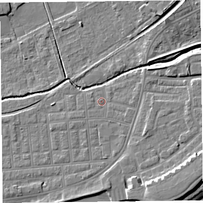 Shaded relief map of the ground around FY85BZ, computed from Environment Agency LiDAR. The ground here sits at about 5 m above sea level and falls 11 m across the surrounding 800 m. Surface water reaching this point runs off ground lying to the south-east, 6.5 m higher.