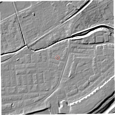 Shaded relief map of the ground around FY85DA, computed from Environment Agency LiDAR. The ground here sits at about 5 m above sea level and falls 11 m across the surrounding 800 m. Surface water reaching this point runs off ground lying to the south-east, 6.1 m higher.
