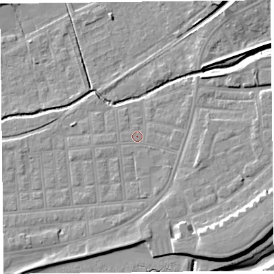 Shaded relief map of the ground around FY85DB, computed from Environment Agency LiDAR. The ground here sits at about 5 m above sea level and falls 11 m across the surrounding 800 m. Surface water reaching this point runs off ground lying to the south, 3.0 m higher.