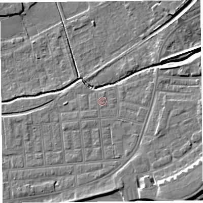 Shaded relief map of the ground around FY85DD, computed from Environment Agency LiDAR. The ground here sits at about 5 m above sea level and falls 9 m across the surrounding 800 m. Surface water reaching this point runs off ground lying to the south-south-east, 0.6 m higher.