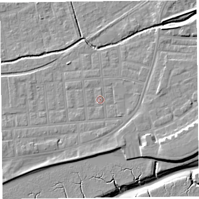 Shaded relief map of the ground around FY85DE, computed from Environment Agency LiDAR. The ground here sits at about 5 m above sea level and falls 11 m across the surrounding 800 m. Surface water reaching this point runs off ground lying to the south, 3.0 m higher.