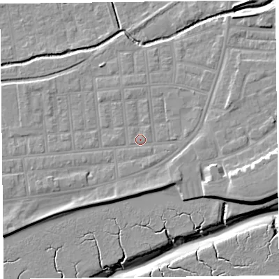 Shaded relief map of the ground around FY85DF, computed from Environment Agency LiDAR. The ground here sits at about 5 m above sea level and falls 11 m across the surrounding 800 m. Surface water reaching this point runs off ground lying to the north-east, 0.7 m higher.