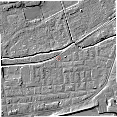 Shaded relief map of the ground around FY85DS, computed from Environment Agency LiDAR. The ground here sits at about 5 m above sea level and falls 7 m across the surrounding 800 m. Surface water reaching this point runs off ground lying to the south-west, 3.3 m higher.