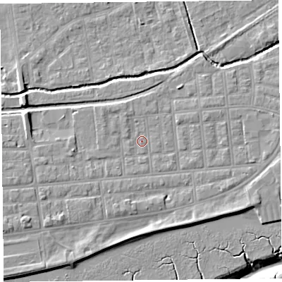 Shaded relief map of the ground around FY85DX, computed from Environment Agency LiDAR. The ground here sits at about 5 m above sea level and falls 9 m across the surrounding 800 m. Surface water reaching this point runs off ground lying to the south-south-west, 1.2 m higher.