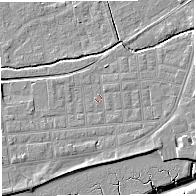 Shaded relief map of the ground around FY85DY, computed from Environment Agency LiDAR. The ground here sits at about 5 m above sea level and falls 9 m across the surrounding 800 m. Surface water reaching this point runs off ground lying to the south-west, 3.5 m higher.