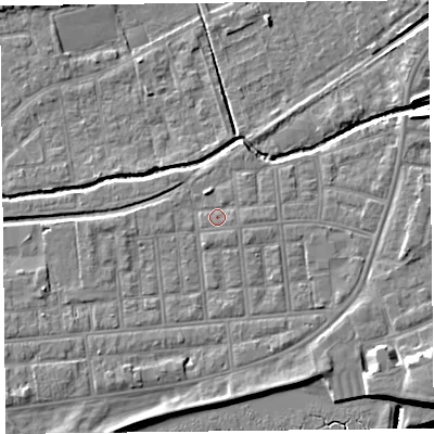 Shaded relief map of the ground around FY85DZ, computed from Environment Agency LiDAR. The ground here sits at about 5 m above sea level and falls 9 m across the surrounding 800 m. Surface water reaching this point runs off ground lying to the east, 0.9 m higher.