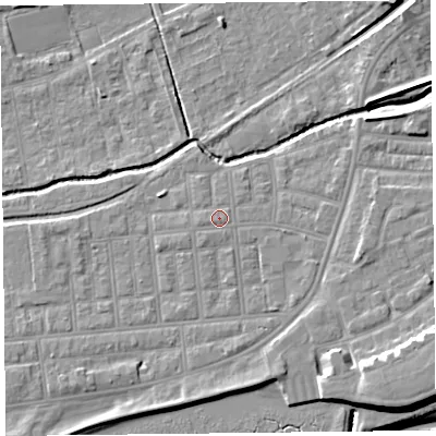 Shaded relief map of the ground around FY85EA, computed from Environment Agency LiDAR. The ground here sits at about 5 m above sea level and falls 11 m across the surrounding 800 m. Surface water reaching this point runs off ground lying to the west-south-west, 0.7 m higher.