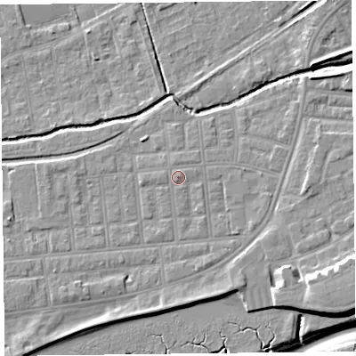 Shaded relief map of the ground around FY85EB, computed from Environment Agency LiDAR. The ground here sits at about 6 m above sea level and falls 11 m across the surrounding 800 m. Surface water reaching this point runs off ground lying to the east-north-east, 0.9 m higher.