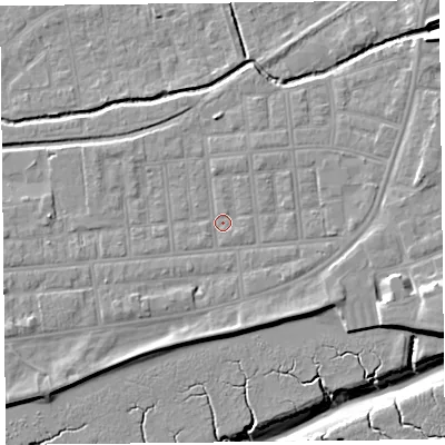 Shaded relief map of the ground around FY85ED, computed from Environment Agency LiDAR. The ground here sits at about 5 m above sea level and falls 11 m across the surrounding 800 m. Surface water reaching this point runs off ground lying to the south-west, 3.2 m higher.