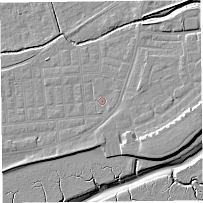 Shaded relief map of the ground around FY85EE, computed from Environment Agency LiDAR. The ground here sits at about 5 m above sea level and falls 11 m across the surrounding 800 m. Surface water reaching this point runs off ground lying to the south, 0.9 m higher.