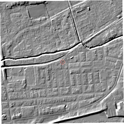 Shaded relief map of the ground around FY85EF, computed from Environment Agency LiDAR. The ground here sits at about 5 m above sea level and falls 7 m across the surrounding 800 m. Surface water reaching this point runs off ground lying to the south-east, 0.7 m higher.