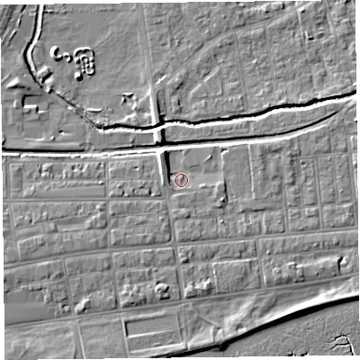 Shaded relief map of the ground around FY85EG, computed from Environment Agency LiDAR. The ground here sits at about 5 m above sea level and falls 6 m across the surrounding 800 m. Surface water reaching this point runs off ground lying to the west-south-west, 3.5 m higher.