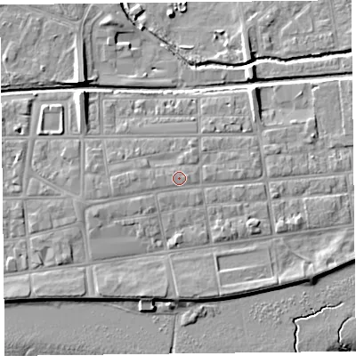 Shaded relief map of the ground around FY85ER, computed from Environment Agency LiDAR. The ground here sits at about 7 m above sea level and falls 8 m across the surrounding 800 m. Surface water reaching this point runs off ground lying to the west-south-west, 1.2 m higher.