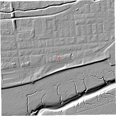 Shaded relief map of the ground around FY85EX, computed from Environment Agency LiDAR. The ground here sits at about 7 m above sea level and falls 10 m across the surrounding 800 m. Surface water reaching this point runs off ground lying to the west-north-west, 1.3 m higher.