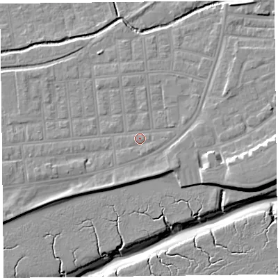 Shaded relief map of the ground around FY85EZ, computed from Environment Agency LiDAR. The ground here sits at about 6 m above sea level and falls 12 m across the surrounding 800 m. Surface water reaching this point runs off ground lying to the south-east, 1.0 m higher.