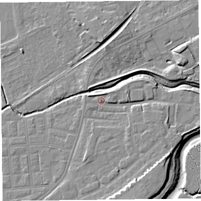Shaded relief map of the ground around FY85FG, computed from Environment Agency LiDAR. The ground here sits at about 6 m above sea level and falls 11 m across the surrounding 800 m. Surface water reaching this point runs off ground lying to the south-east, 5.8 m higher.