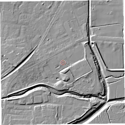 Shaded relief map of the ground around FY85FP, computed from Environment Agency LiDAR. The ground here sits at about 5 m above sea level and falls 9 m across the surrounding 800 m. Surface water reaching this point runs off ground lying to the south, 6.6 m higher.