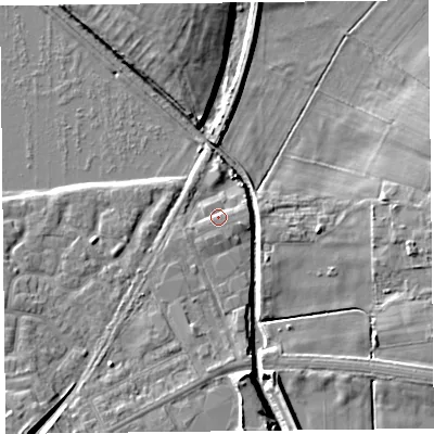 Shaded relief map of the ground around FY85HU, computed from Environment Agency LiDAR. The ground here sits at about 4 m above sea level and falls 11 m across the surrounding 800 m. Surface water reaching this point runs off ground lying to the east, 1.4 m higher.