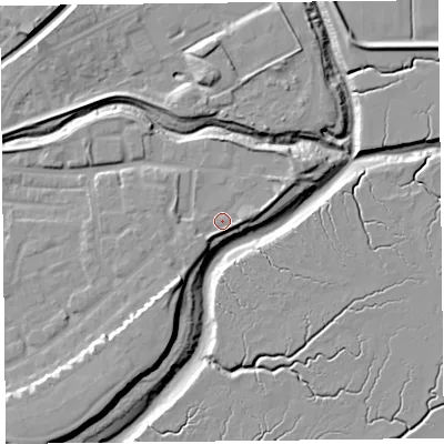 Shaded relief map of the ground around FY85JD, computed from Environment Agency LiDAR. The ground here sits at about 7 m above sea level and falls 11 m across the surrounding 800 m. Surface water reaching this point runs off ground lying to the south-west, 1.5 m higher.