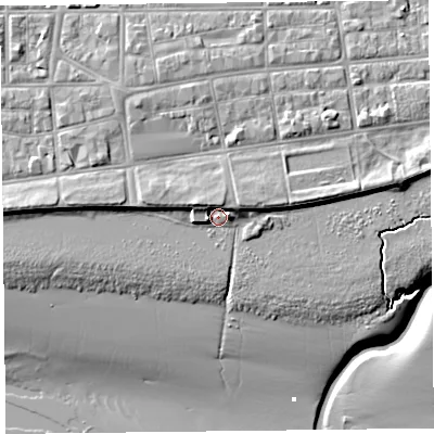 Shaded relief map of the ground around FY85LD, computed from Environment Agency LiDAR. The ground here sits at about 5 m above sea level and falls 11 m across the surrounding 800 m. Surface water reaching this point runs off ground lying to the north-north-west, 3.7 m higher.