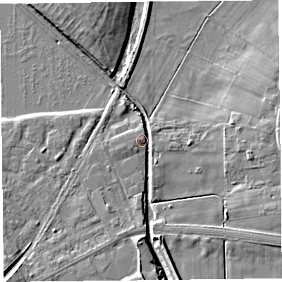 Shaded relief map of the ground around FY85LT, computed from Environment Agency LiDAR. The ground here sits at about 4 m above sea level and falls 10 m across the surrounding 800 m. Surface water reaching this point runs off ground lying to the west-north-west, 3.7 m higher.