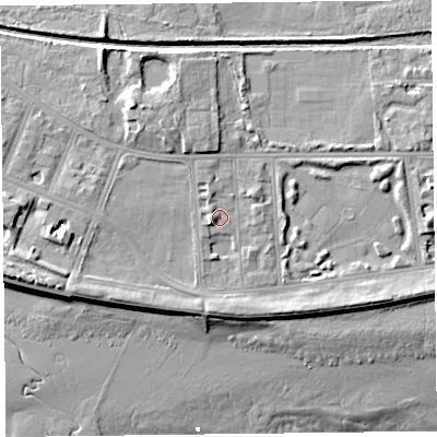 Shaded relief map of the ground around FY85PY, computed from Environment Agency LiDAR. The ground here sits at about 8 m above sea level and falls 13 m across the surrounding 800 m. Surface water reaching this point runs off ground lying to the west, 1.6 m higher.