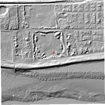 Shaded relief map of the ground around FY85QQ, computed from Environment Agency LiDAR. The ground here sits at about 6 m above sea level and falls 13 m across the surrounding 800 m. Surface water reaching this point runs off ground lying to the west, 3.2 m higher.