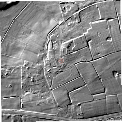 Shaded relief map of the ground around FY85RP, computed from Environment Agency LiDAR. The ground here sits at about 8 m above sea level and falls 9 m across the surrounding 800 m. Surface water reaching this point runs off ground lying to the south-south-west, 0.8 m higher.