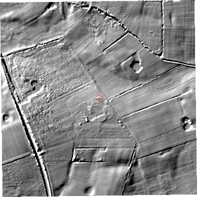 Shaded relief map of the ground around FY85RU, computed from Environment Agency LiDAR. The ground here sits at about 6 m above sea level and falls 11 m across the surrounding 800 m. Surface water reaching this point runs off ground lying to the south, 1.3 m higher.