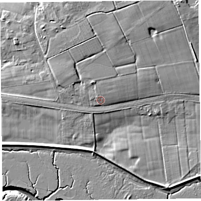 Shaded relief map of the ground around FY85RW, computed from Environment Agency LiDAR. The ground here sits at about 7 m above sea level and falls 10 m across the surrounding 800 m. Surface water reaching this point runs off ground lying to the north-north-east, 4.1 m higher.