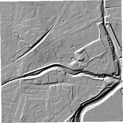 Shaded relief map of the ground around FY85SB, computed from Environment Agency LiDAR. The ground here sits at about 4 m above sea level and falls 11 m across the surrounding 800 m. Surface water reaching this point runs off ground lying to the east, 6.6 m higher.