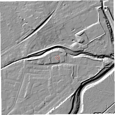 Shaded relief map of the ground around FY85TB, computed from Environment Agency LiDAR. The ground here sits at about 7 m above sea level and falls 11 m across the surrounding 800 m. Surface water reaching this point runs off ground lying to the north, 1.1 m higher.