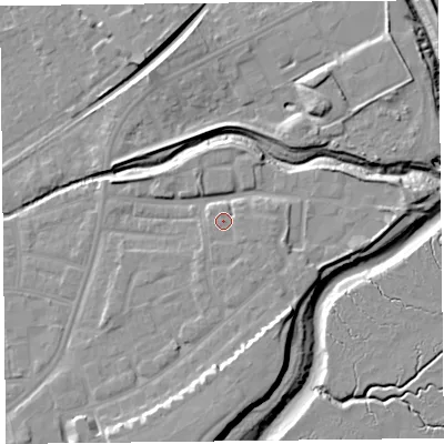 Shaded relief map of the ground around FY85TD, computed from Environment Agency LiDAR. The ground here sits at about 7 m above sea level and falls 11 m across the surrounding 800 m. Surface water reaching this point runs off ground lying to the south-east, 1.5 m higher.