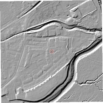 Shaded relief map of the ground around FY85TF, computed from Environment Agency LiDAR. The ground here sits at about 7 m above sea level and falls 11 m across the surrounding 800 m. Surface water reaching this point runs off ground lying to the south-east, 4.2 m higher.
