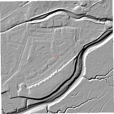 Shaded relief map of the ground around FY85TG, computed from Environment Agency LiDAR. The ground here sits at about 7 m above sea level and falls 11 m across the surrounding 800 m. Surface water reaching this point runs off ground lying to the east-south-east, 4.2 m higher.