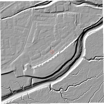 Shaded relief map of the ground around FY85TH, computed from Environment Agency LiDAR. The ground here sits at about 7 m above sea level and falls 11 m across the surrounding 800 m. Surface water reaching this point runs off ground lying to the south-south-east, 4.6 m higher.