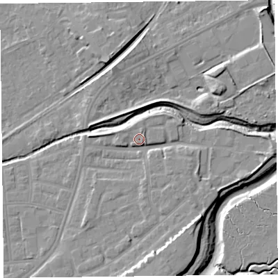 Shaded relief map of the ground around FY85TS, computed from Environment Agency LiDAR. The ground here sits at about 7 m above sea level and falls 11 m across the surrounding 800 m. Surface water reaching this point runs off ground lying to the south-south-east, 5.8 m higher.