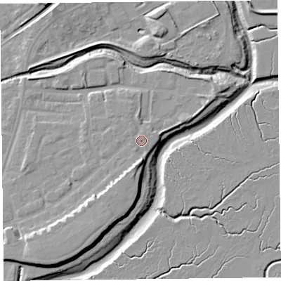 Shaded relief map of the ground around FY85TU, computed from Environment Agency LiDAR. The ground here sits at about 7 m above sea level and falls 11 m across the surrounding 800 m. Surface water reaching this point runs off ground lying to the south, 4.0 m higher.
