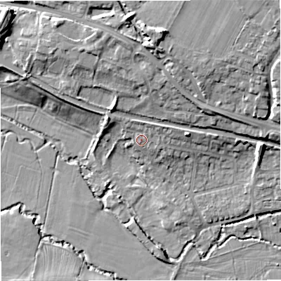 Shaded relief map of the ground around GL102AP, computed from Environment Agency LiDAR. The ground here sits at about 26 m above sea level and falls 19 m across the surrounding 800 m. Surface water reaching this point runs off ground lying to the north-east, 2.4 m higher.