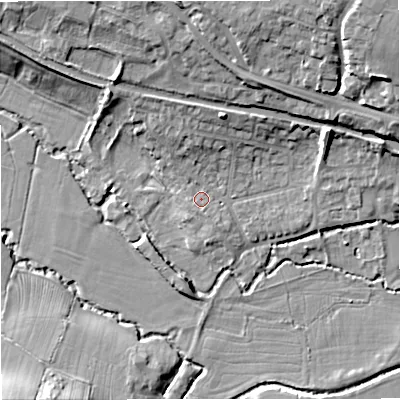 Shaded relief map of the ground around GL102AR, computed from Environment Agency LiDAR. The ground here sits at about 23 m above sea level and falls 17 m across the surrounding 800 m. Surface water reaching this point runs off ground lying to the north-north-east, 6.4 m higher.
