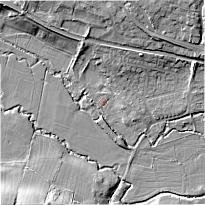 Shaded relief map of the ground around GL102AY, computed from Environment Agency LiDAR. The ground here sits at about 22 m above sea level and falls 16 m across the surrounding 800 m. Surface water reaching this point runs off ground lying to the east-south-east, 2.6 m higher.
