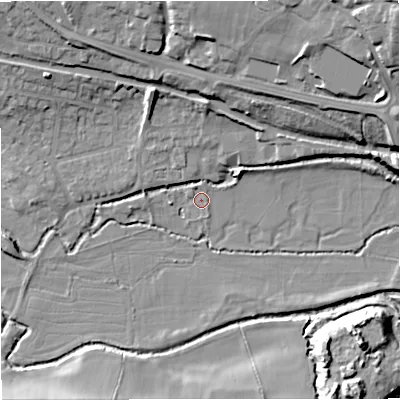 Shaded relief map of the ground around GL102AZ, computed from Environment Agency LiDAR. The ground here sits at about 23 m above sea level and falls 23 m across the surrounding 800 m. Surface water reaching this point runs off ground lying to the east-north-east, 11.7 m higher.