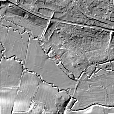 Shaded relief map of the ground around GL102BA, computed from Environment Agency LiDAR. The ground here sits at about 21 m above sea level and falls 17 m across the surrounding 800 m. Surface water reaching this point runs off ground lying to the north-north-east, 11.1 m higher.