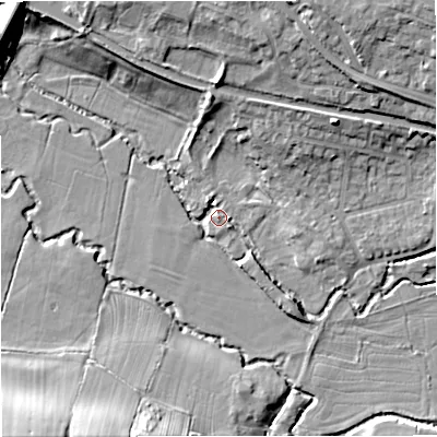 Shaded relief map of the ground around GL102BB, computed from Environment Agency LiDAR. The ground here sits at about 22 m above sea level and falls 16 m across the surrounding 800 m. Surface water reaching this point runs off ground lying to the north-east, 9.5 m higher.