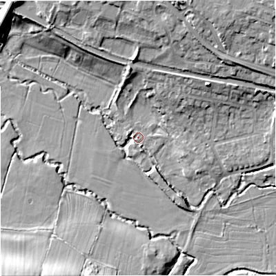 Shaded relief map of the ground around GL102BD, computed from Environment Agency LiDAR. The ground here sits at about 22 m above sea level and falls 16 m across the surrounding 800 m. Surface water reaching this point runs off ground lying to the north-east, 9.5 m higher.