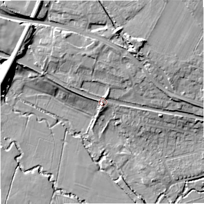 Shaded relief map of the ground around GL102BG, computed from Environment Agency LiDAR. The ground here sits at about 27 m above sea level and falls 20 m across the surrounding 800 m. Surface water reaching this point runs off ground lying to the north, 7.2 m higher.