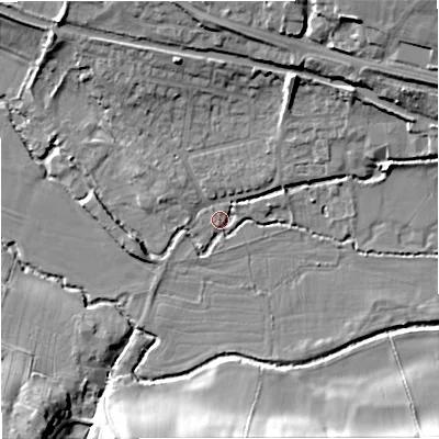 Shaded relief map of the ground around GL102BN, computed from Environment Agency LiDAR. The ground here sits at about 23 m above sea level and falls 18 m across the surrounding 800 m. Surface water reaching this point runs off ground lying to the east-north-east, 11.4 m higher.