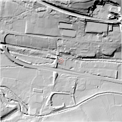 Shaded relief map of the ground around GL102BU, computed from Environment Agency LiDAR. The ground here sits at about 28 m above sea level and falls 51 m across the surrounding 800 m. Surface water reaching this point runs off ground lying to the north, 28.3 m higher.