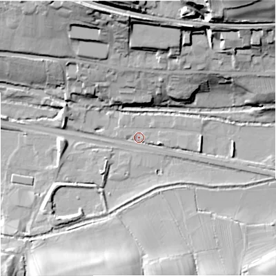 Shaded relief map of the ground around GL102LA, computed from Environment Agency LiDAR. The ground here sits at about 27 m above sea level and falls 40 m across the surrounding 800 m. Surface water reaching this point runs off ground lying to the east, 3.9 m higher.